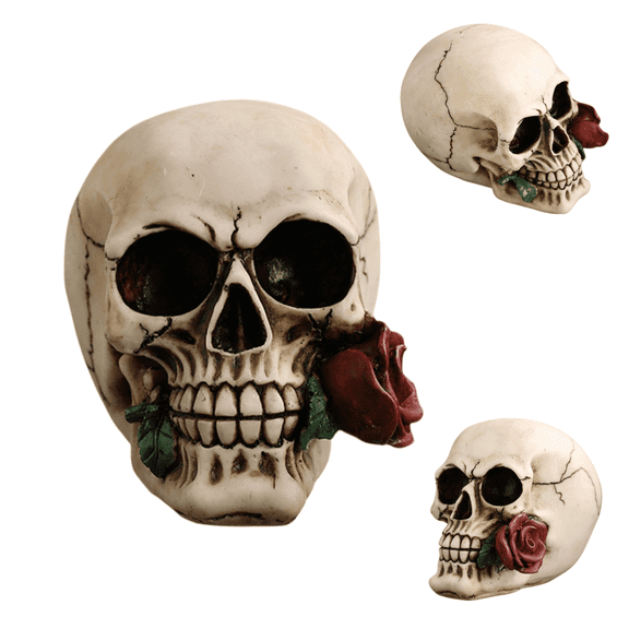 1PC Red Rose Vine Skull Figurine Floral Sugar Skull Decor Graveyard Macabre Ossuary Skeleton Halloween Statue