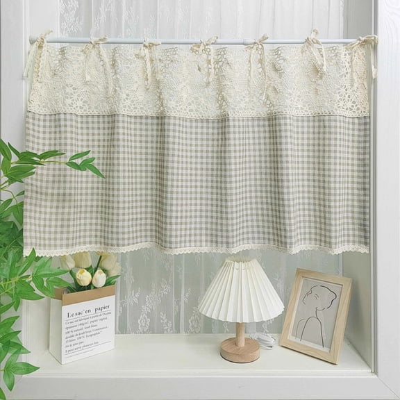 1PC Retro Splicing Lattice Short Curtain for Kitchen Tie Top Lace Drape Small Window Cafe Home Decoration Blinds