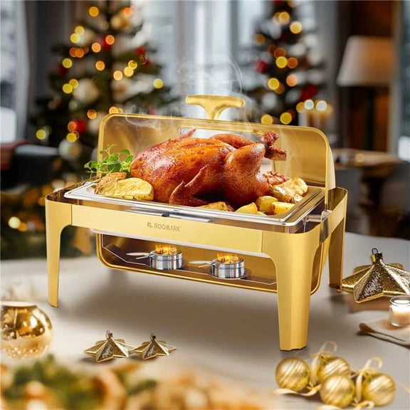 1PC Roll Top Chafing Dish Buffet Complete Set, 9Qt Stainless Steel Chafer with Full Size Pan, Rectangle Catering Warmer Server with Visible Lid Water Pan Folding Stand Fuel Holder Meal Clip, Gold