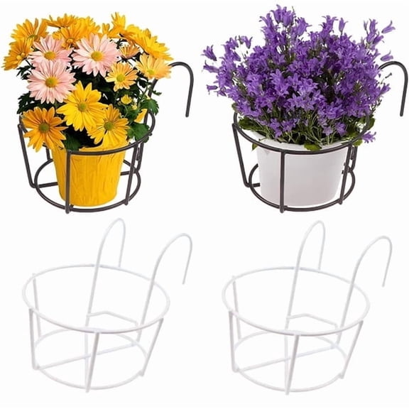 1PC Round Metal Hanging Railing Flower Pot Holder, Anti-Rust Iron Balcony Plant Rack Over Fence Deck Rail Planter Bracket for Indoor Outdoor Garden Decor,White,M