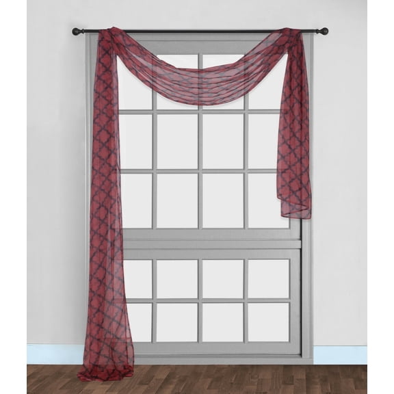1PC S38 SCARF VALANCE SHEER VOILE TRELLIS GEOMETRIC RED/BLACK SEE THRU WINDOW KITCHEN, BATHROOM, RESTAURANT, ANY USE SIZE 36" WIDE X 216" LENGTH