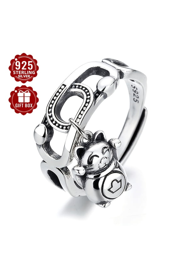 1PC S925 Sterling Silver Good Luck And Fortune Old Cat Lucky Ring Light Luxury Small Design Exquisite Women's Index Finger Ring Daily Travel Essential (about 5.1g),silvery