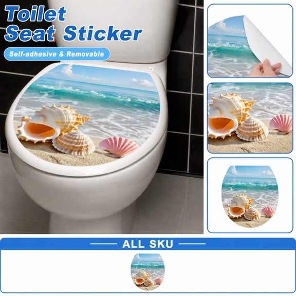 1PC Sea Seashell Toilet Seat Decal Sticker, Removable Self-Adhesive Ocean Wave Toilet Lid Decor, Waterproof Peel & Stick Coastal Bathroom Toilet Cover Sticker for Standard Oval Toilets