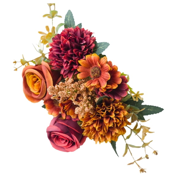 1PC Set 13" Artificial Mixed Flowers Bouquets, 7 Branches Silk Roses Dahlias Daisies Faux Floral Arrangement for Home Table Wedding Centerpieces, Autumn Burnt Orange