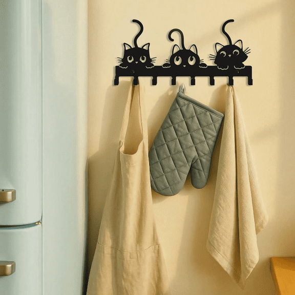 1PC Set Black Metal Cat Wall Hooks - Elegant Personalized Home Decor for Bedroom & Living Room - Unique Halloween Decor Gift Idea, Christmas Home Decoration, Kitchen & Bathroom Wall Art