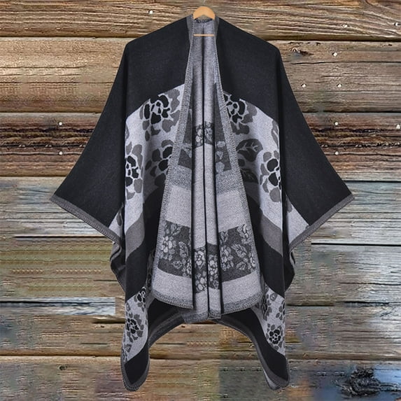 1PC Shawl Black Spandex Women's Travel Plaid Shawl Wraps Open Front Poncho Cape Warm Oversized Sweaters Casual Cardigan Shawls for Fall Winter