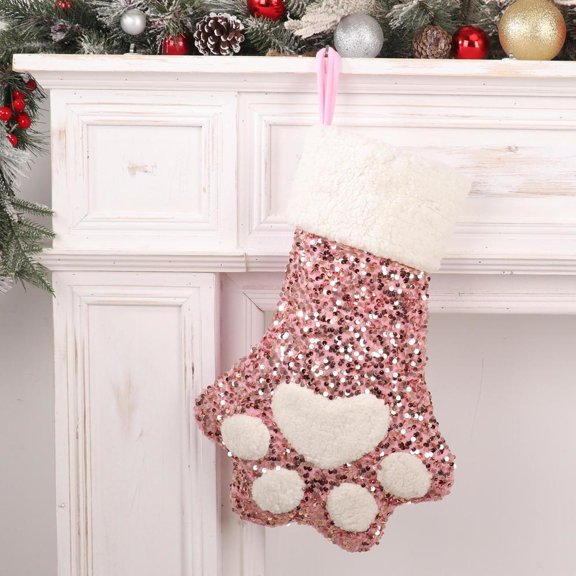 1PC Shining Glitter Plush Dog Paw Christmas Stocking Large Candy Gift Bag Holiday Decoration Hanging Ornament for Xmas Party Decor