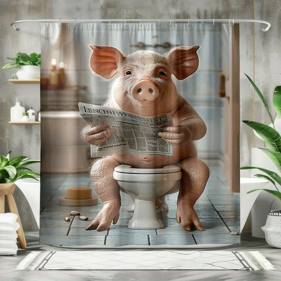 1PC Shower Curtain 66*72in Funny Animal Pig on The Toilet and Reading Newspaper Shower Curtains Modern Fun Curtains for Bathroom Bathtub Toliet Decorations Funny Pig Shower Curtain Fabric Polyester