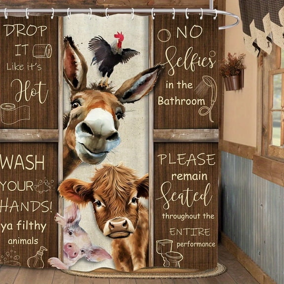 1PC Shower Curtain 66*72in Yookeb Funny Donkey Bull Pig Bathroom Shower Curtain Animal Rustic Farmhouse Brown Bathroom Rules Hilarious Polyester Fabric 12 Plastic Hooks Waterproof Decor