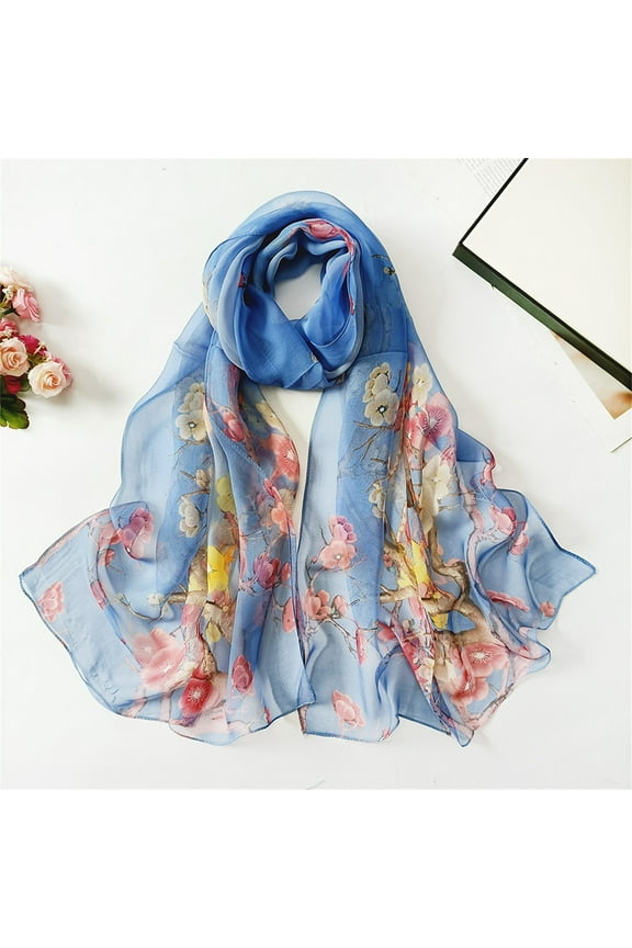 1PC Silk Scarf Blue Chiffon Scarfs for Women Lightweight Print Floral Pattern Scarf Shawl Fashion Scarves Sunscreen Shawls And Wraps for Spring