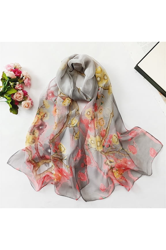 1PC Silk Scarf Gray Chiffon Scarfs for Women Lightweight Print Floral Pattern Scarf Shawl Fashion Scarves Sunscreen Shawls And Wraps for Spring