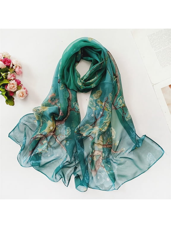 1PC Silk Scarf Green Chiffon Scarfs for Women Lightweight Print Floral Pattern Scarf Shawl Fashion Scarves Sunscreen Shawls And Wraps for Spring