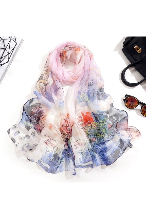 1PC Silk Scarf Pink Chiffon Scarfs for Women Lightweight Print Floral Pattern Scarf Shawl Fashion Scarves Sunscreen Shawls And Wraps for Spring