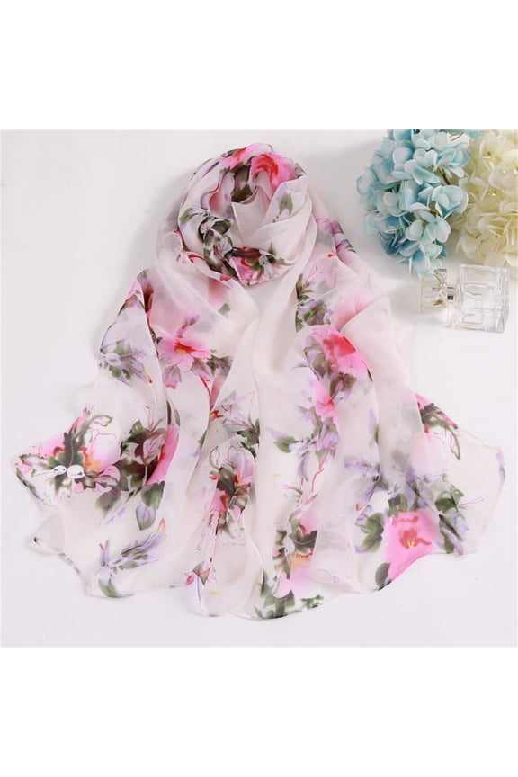 1PC Silk Scarf White Chiffon Scarfs for Women Lightweight Print Floral Pattern Scarf Shawl Fashion Scarves Sunscreen Shawls And Wraps for Spring