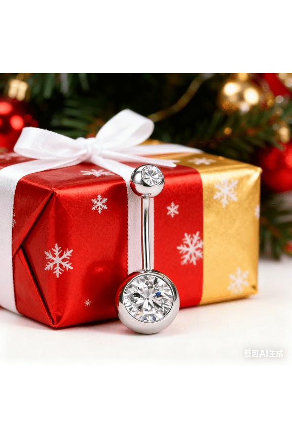 1PC Silver Double Diamond Stainless Steel Belly Button Ring Navel Piercing Jewelry for Women Dermal Surface Piercing Halloween Christmas Gifts