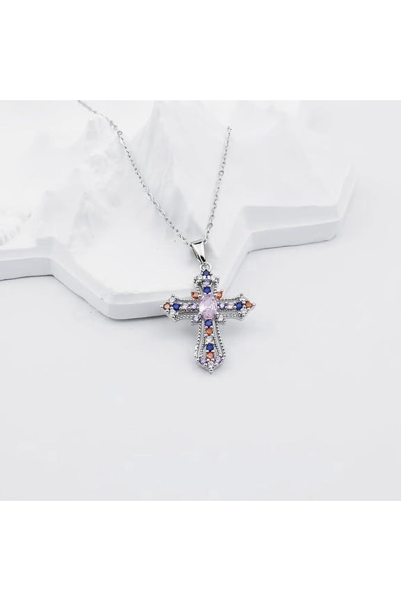 1PC Silver Iridescent Multi Color Stainless Steel Cross Pendant Necklace with Zircon Crystals 32mm x 18mm Silver Chain Women Jewelry Christmas Gifts Halloween Accessories