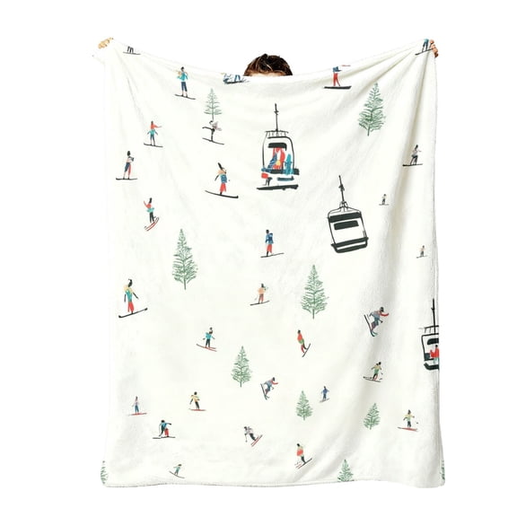 1PC Ski Theme Flannel Throw Blanket, Skier Ski Lift Pine Tree Print, Soft Hypoallergenic All-Season Blanket for Couch Sofa Bed, Cozy Home Decor