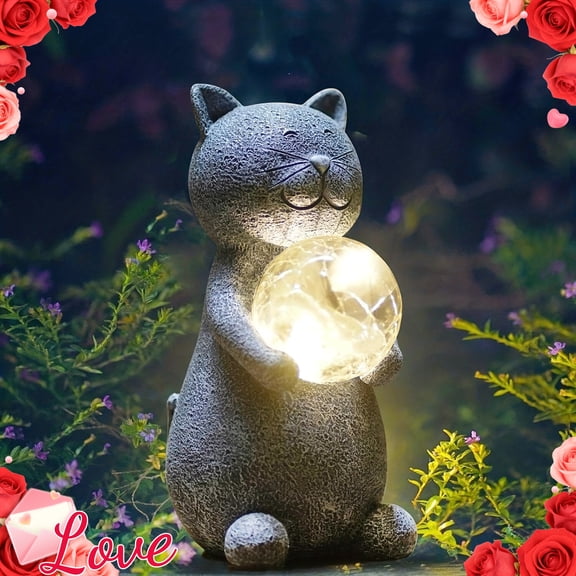 1PC Solar Powered Gray Cat Garden Statue Light with Automatic LED Ball, IP65 Waterproof Outdoor Decor for Patio Yard Balcony, Ideal Gift for Cat Lovers Mom & Grandma