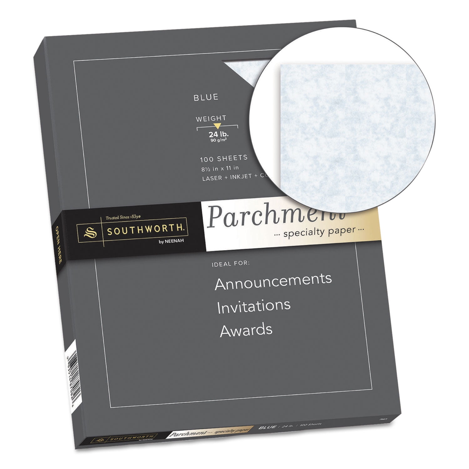Parchment Specialty Paper, 24 lb Bond Weight, 8.5 x 11, Blue, 100/Box Parchment Specialty Paper, 24 lb Bond Weight, 8.5 x 11, Blue, 100/Box