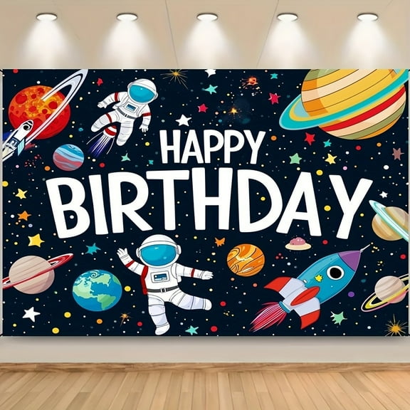 1PC Space Happy Birthday Decoration-Astronaut Spaceship Theme Big Birthday Banner Background Flag-for Men Solar System Party Supplies-Suitable for Boys and Adults-Perfect for Birthday Party-Ideal Gift