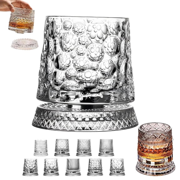 1PC Spinning Crystal Whiskey Glasses, Rotating Whiskey Glass with 360° Spinning Base, Swirl Old Fashioned Drinking Cups for Bourbon Scotch Rum Cocktails, Gift for Men