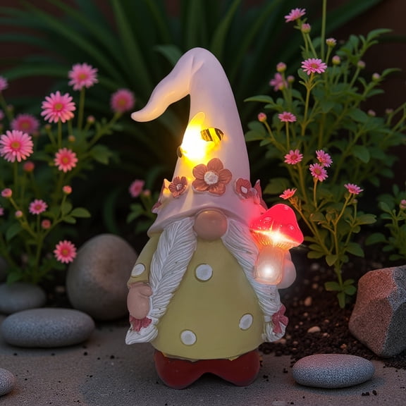 1PC Spring Outdoor Garden Gnome Statue, Resin Pink Girl Gnome with Bee & Mushroom Solar Lights, Valentine & Spring Outside Home Decor, Seasonal Gardening Ornament