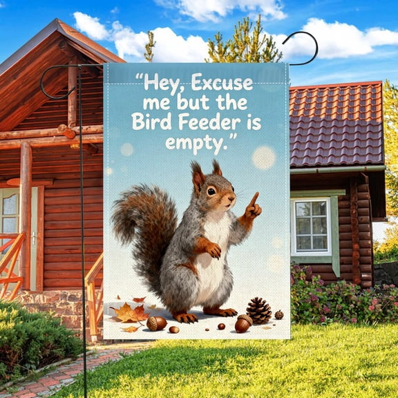 Squirrel Bird Feeder Fall Garden Flag, Double Sided 2D, 12x18 Inch No Flagpole, Rustic Yard Nature Lover Decor