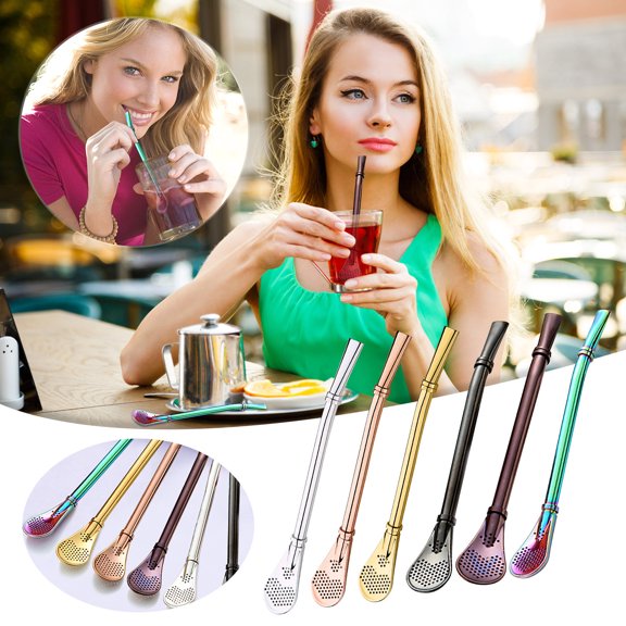 1PC Stainless Steel Straw Spoon, Hwkond Stainless Steel 304 Straw Colander Tea Leaking Spoon Milk Tea Coffee Stirring Spoon