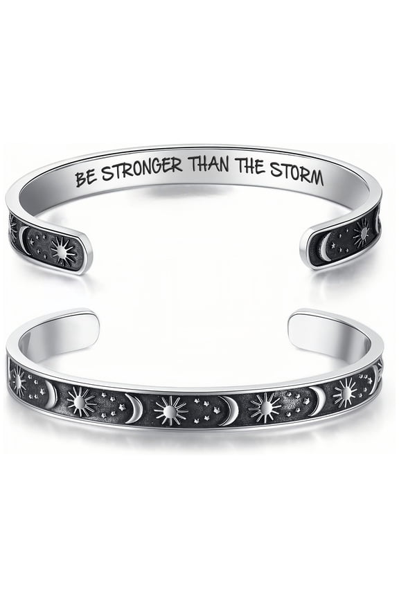 1PC Stainless Steel Sun Adjustable Bracelet with 'Be Stronger than the Storm' Engraved Personality Female Hand Decor,Silver