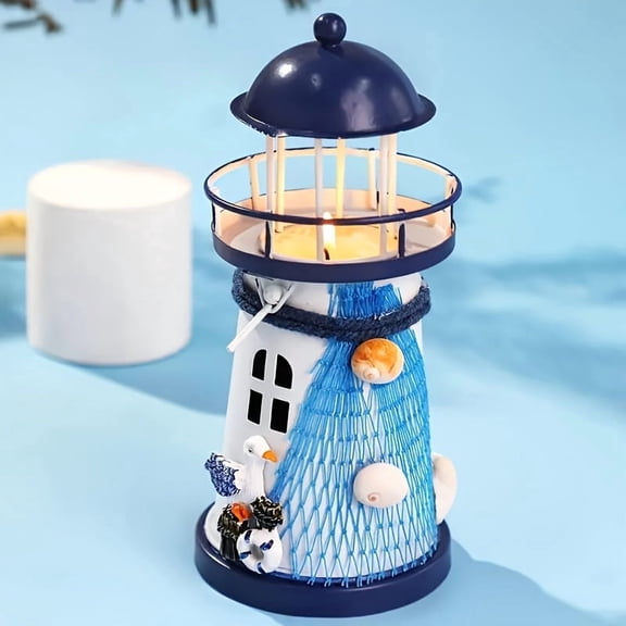 1PC Stylish Mediterranean Lighthouse Candle Holder, Random Style, Nautical Iron Candlestick for Home Table Decor, Romantic Ambient Lantern for Wedding & Party
