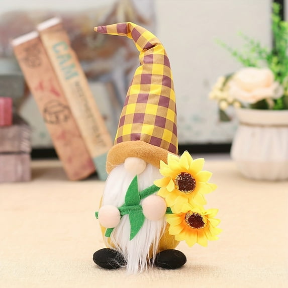 1PC Sunflower Gnomes Plush Decorations, Summer Spring Gnomes, Scandinavia Buffalo Plaid Sunflower Gnome Plush for Tiered Tray Kitchen Decor, Farmhouse Swedish Nisse Tomte Home Oranment