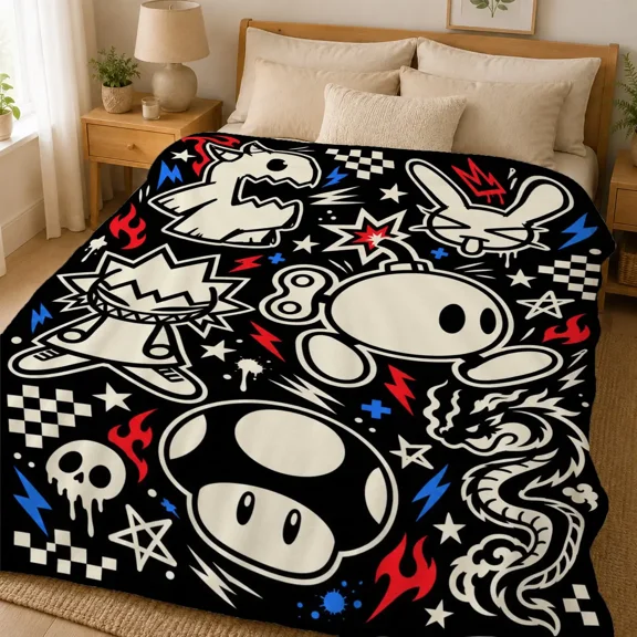 1PC Super Mario Flannel Soft Throw Blanket, Bob-omb Super Mushroom Retro Gaming Character Black Red Blue Blanket for Bed Sofa Gamer Gift