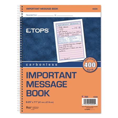 1PC TOPS Telephone Message Book with Fax/Mobile Section, Two-Part Carbonless, 3.88 x 5.5, 4 Forms/Sheet, 400 Forms Total