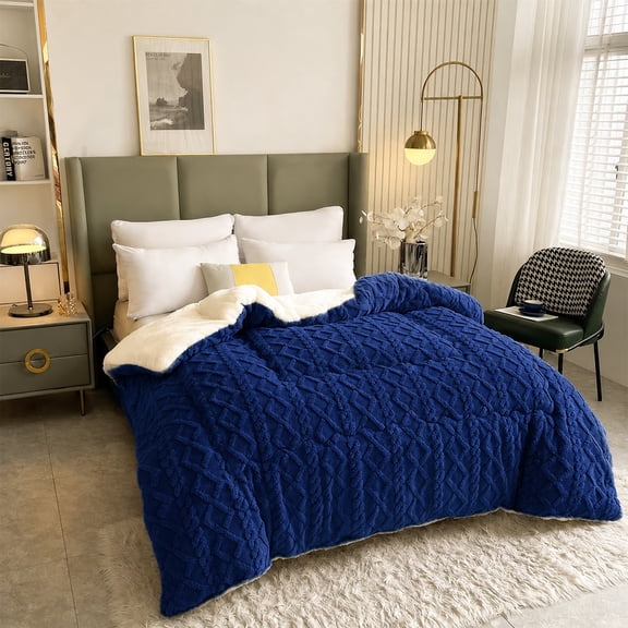 1PC Taffeta Fleece Comforter, Reversible Warm Bed Blanket, Ultra Soft Winter Bedding,Queen Size Navy blue