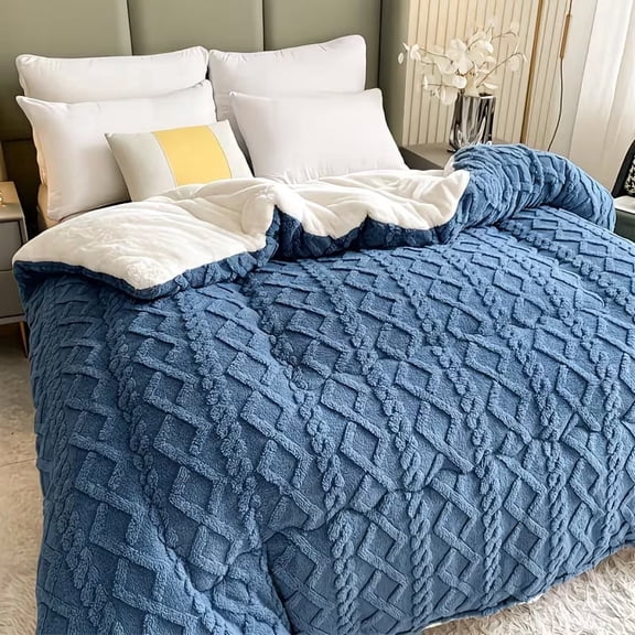 1PC Taffeta Fleece Comforter, Reversible Warm Bed Blanket, Ultra Soft Winter Bedding, Twin Size Blue