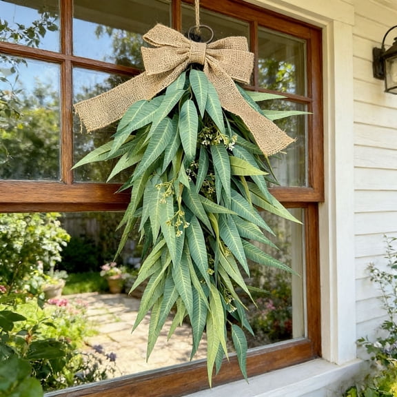 1PC Teardrop Artificial Willow Leaf Swag with Bow, Rustic Greenery Door Hanging for Farmhouse Decor, Indoor Outdoor Front Door & Wall Accent