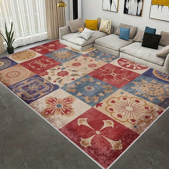 1PC Tiled Pattern Area Rug Local Rug, Lightweight Washable Easy-to-Clean Carpet Mat Festival Gift, Suitable for Living Room, Bedroom, Dining Room, Office, Balcony, Room Accessones