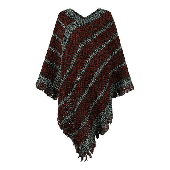 1PC Top Red Cotton Womens Autumn And Winter Contrast Stripe Ethnic Style Tassel Pullover Cape Shawl