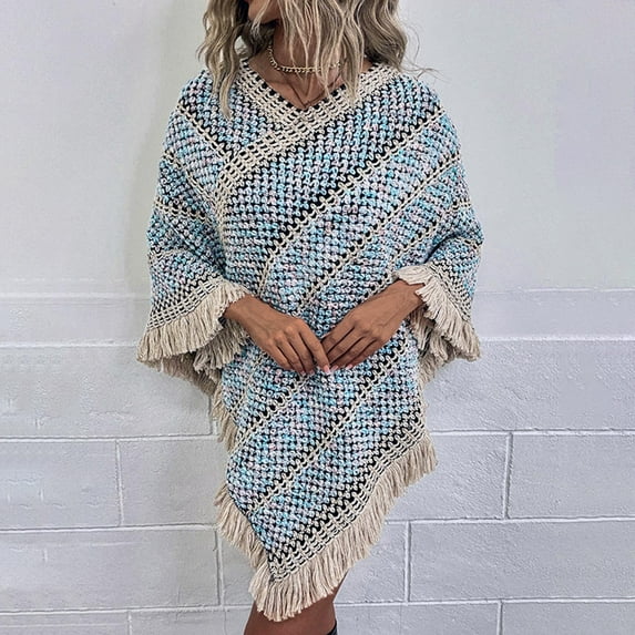 1PC Top Yellow Cotton Womens Autumn And Winter Contrast Stripe Ethnic Style Tassel Pullover Cape Shawl