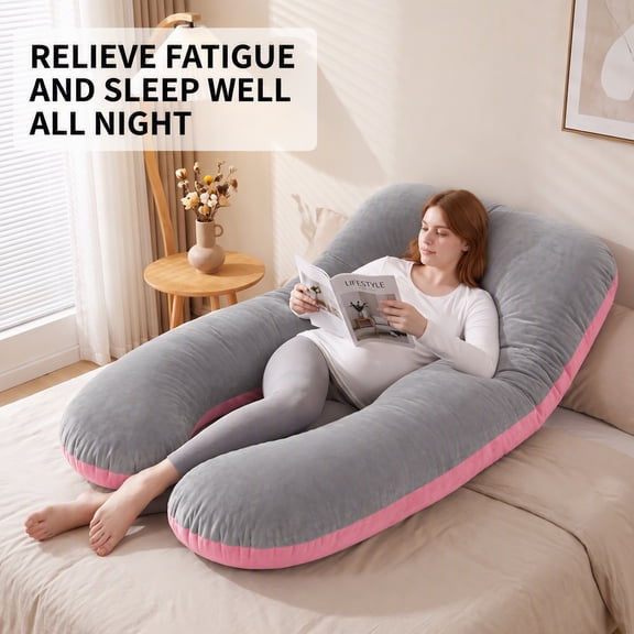 1PC U-Shaped Pregnancy Body Pillow, Contoured Support for Side Resting, Eases Fatigue, Washable Airy Pillowcase,47''*21''(Dark Gray&Pink)Cover Material: 65% Polyester, 20% Spandex, 15% Bamboo Fiber