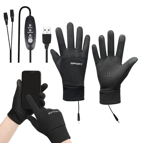 1PC USB Heated Gloves for Men Women - Electric Hand Warmers with 3 Adjustable Temperatures, Mesh Fabric, Full Finger Design, Heated Back and 5 Fingers for Winter - Black (L)