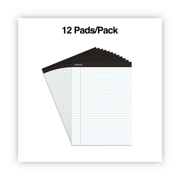 1PC Universal Premium Ruled Writing Pads with Heavy-Duty Back, Wide/Legal Rule, Black Headband, 50 White 8.5 x 11 Sheets, 12/Pack