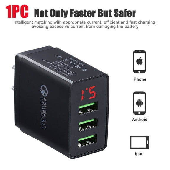 1PC Universal Usb Charger Block LED Digital Display, 3-Port Quick Charger 3.0 Plug Fast Charging USB Hub Power Adapter for iPhone 17/16/15/14/13, Samsung Galaxy ,Usb Wall Charger,Black