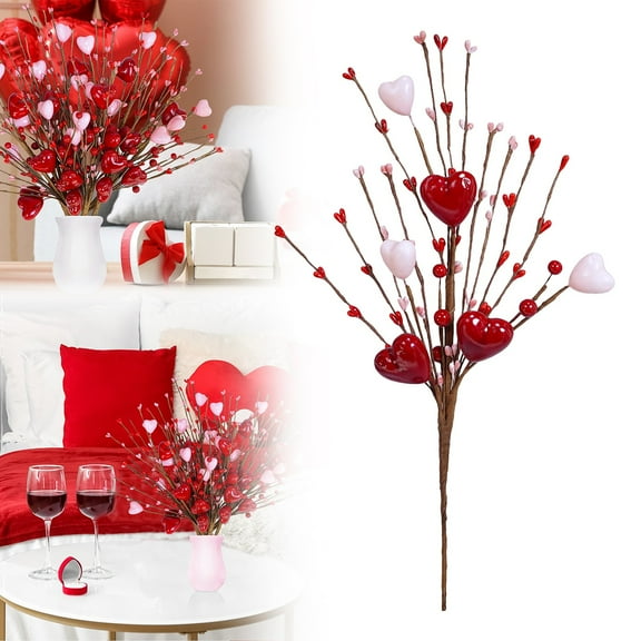 1PC Valentine’s Day Heart Berry Flower Picks, Artificial Decor Branches for DIY Romantic Arrangements, Accents for Wedding, Anniversary & Holiday Party Table Decor