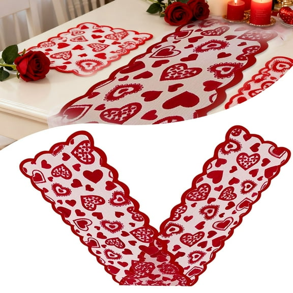 1PC Valentines Day Decor Table Runner, Red Heart Lace Table Runner for Wedding Party, Valentines Decorations, Anniversary Kitchen Dining Table Decorations Home Party