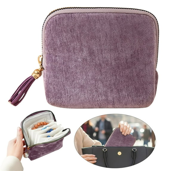 1PC Velvet Travel Jewelry Organizer Bag with Zippered Pockets,Portable Storage Case for Rings Earrings,Compact Jewelry Roll for Women,Travel Pouch,Jewelry Organizer for Travel,Purple