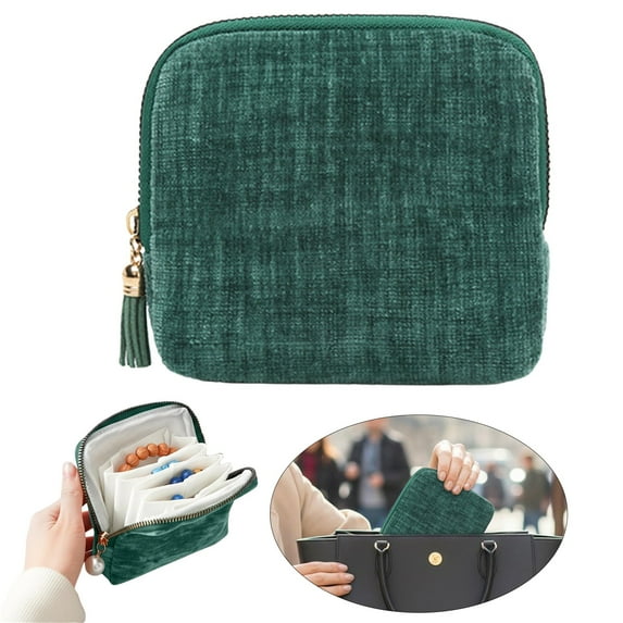 1PC Velvet Travel Jewelry Organizer Bag with Zippered Pockets,Portable Storage Case for Rings Earrings,Compact Jewelry Roll for Women,Travel Pouch,Jewelry Organizer for Travel,Dark green
