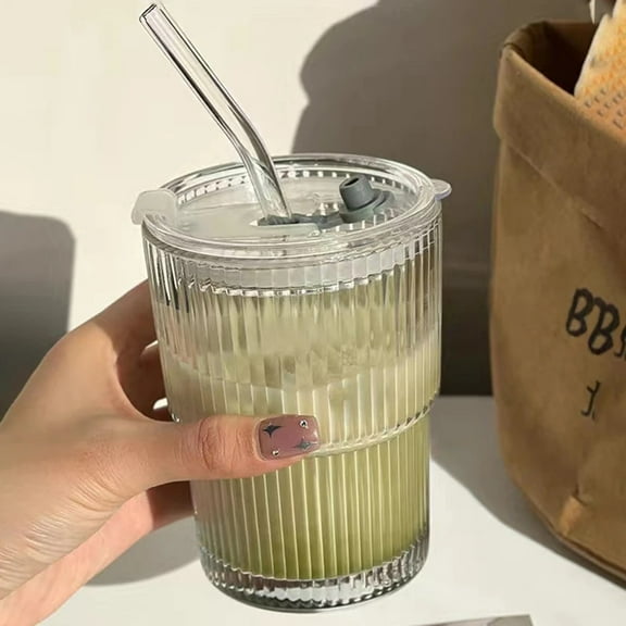 1PC Vertical Stripe Bamboo Cup Glass Straw Cup Milk Whiskey Cup Coffee Cup With Hand Gift With Lid