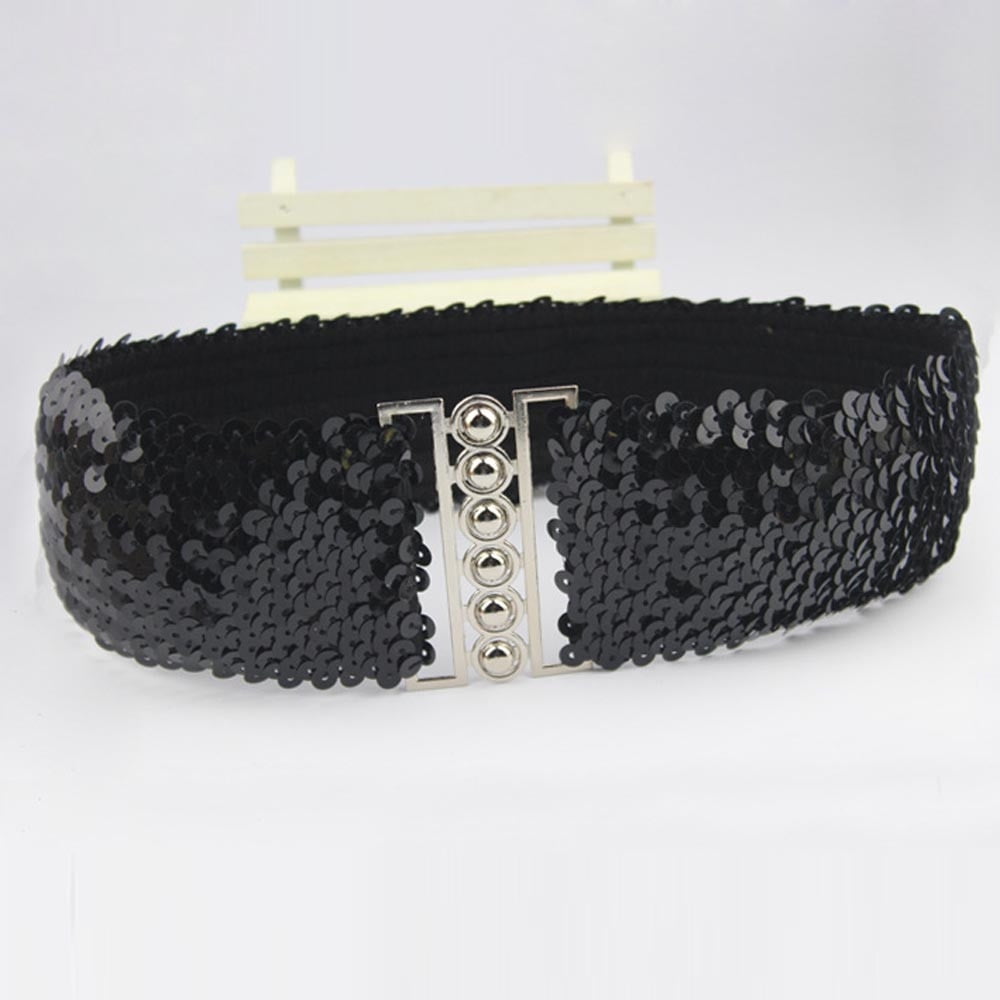 1PC Vintage Handmade Sequin Elastic Wide Waistband Black 