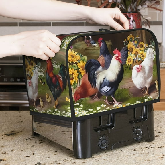 1PC Vintage Rooster Toaster Cover, Farmhouse Chicken Sunflower Decorative Toaster Hood, Country Cottage Theme Kitchen Small Appliance Dust Cover, with Top Hook, Fits Standard 2 Slice Toaster